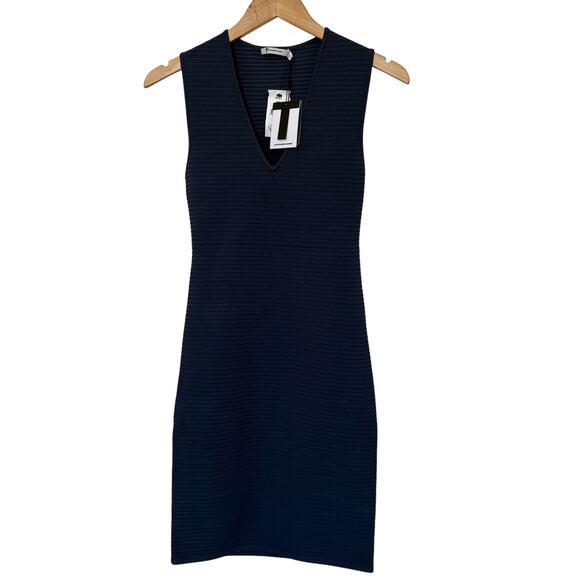 T by Alexander Wang Dress Small Bodycon Ribbed Deep V-Neck Back Cut-Out Blue NEW - Picture 1 of 9